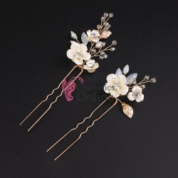 Ace metalice pentru par ACM012II Aurii cu cristale din sticla si perle, set 2 bucati